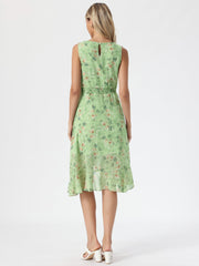 Wrap Ruffle High Low Hem Round Neck Sleeveless Floral Dress
