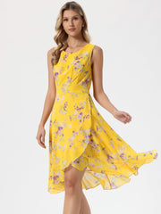 Wrap Ruffle High Low Hem Round Neck Sleeveless Floral Dress