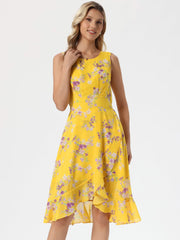 Wrap Ruffle High Low Hem Round Neck Sleeveless Floral Dress