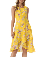 Wrap Ruffle High Low Hem Round Neck Sleeveless Floral Dress