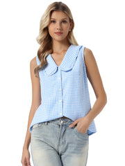 Gingham Ruffle Peter Pan Collar Sleeveless Blouse