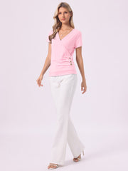 Wrap V Neck Short Sleeve Button Decor Ruched Top