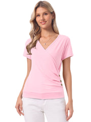 Wrap V Neck Short Sleeve Button Decor Ruched Top