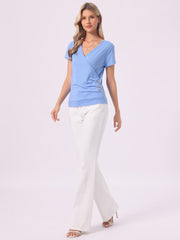 Wrap V Neck Short Sleeve Button Decor Ruched Top