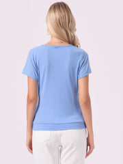Wrap V Neck Short Sleeve Button Decor Ruched Top