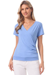 Wrap V Neck Short Sleeve Button Decor Ruched Top