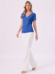 Wrap V Neck Short Sleeve Button Decor Ruched Top