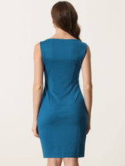 Sleeveless Boat Neck Casual Office Solid Midi Sheath Dress