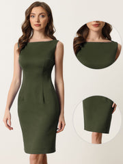 Sleeveless Boat Neck Casual Office Solid Midi Sheath Dress