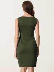 Sleeveless Boat Neck Casual Office Solid Midi Sheath Dress