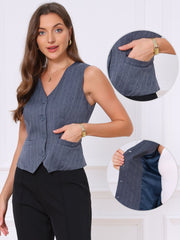 Striped V Neck Sleeveless Button Down Pocketed Fully Lined Waistcoat Vest