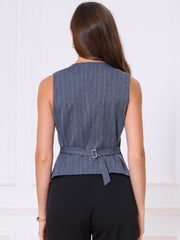 Striped V Neck Sleeveless Button Down Pocketed Fully Lined Waistcoat Vest