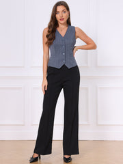 Striped V Neck Sleeveless Button Down Pocketed Fully Lined Waistcoat Vest