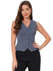 Striped V Neck Sleeveless Button Down Pocketed Fully Lined Waistcoat Vest