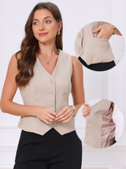 Striped V Neck Sleeveless Button Down Pocketed Fully Lined Waistcoat Vest