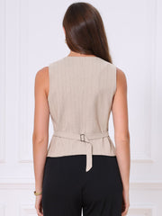 Striped V Neck Sleeveless Button Down Pocketed Fully Lined Waistcoat Vest