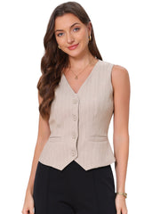Striped V Neck Sleeveless Button Down Pocketed Fully Lined Waistcoat Vest