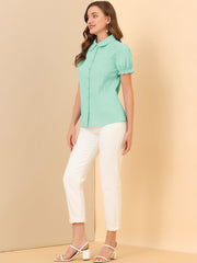 Cotton Frilled Top Turndown Collar Solid Blouse Shirt