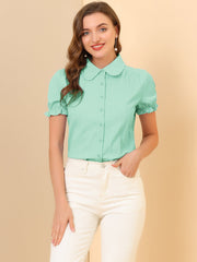 Cotton Frilled Top Turndown Collar Solid Blouse Shirt