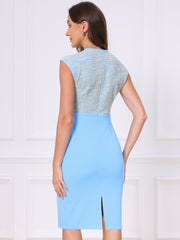 Work Tweed Crew Neck Sleeveless Patchwork Office Sheath Dress