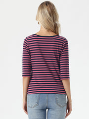 Striped 3/4 Sleeve Round Neck Casual T-Shirt