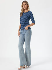 Striped 3/4 Sleeve Round Neck Casual T-Shirt