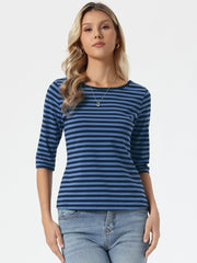 Striped 3/4 Sleeve Round Neck Casual T-Shirt