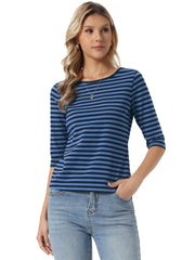 Striped 3/4 Sleeve Round Neck Casual T-Shirt
