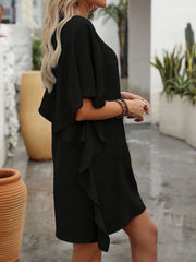 Solid Color Loose Fit Ruffled Flowy V Neck Dress