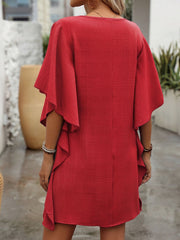 Solid Color Loose Fit Ruffled Flowy V Neck Dress