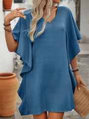 Solid Color Loose Fit Ruffled Flowy V Neck Dress