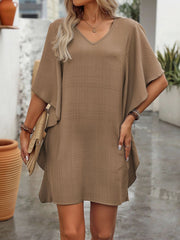 Solid Color Loose Fit Ruffled Flowy V Neck Dress
