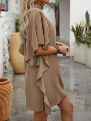 Solid Color Loose Fit Ruffled Flowy V Neck Dress