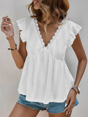 Ruffle Cap Sleeve Lace Eyelet Casual Blouse