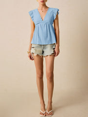 Ruffle Cap Sleeve Lace Eyelet Casual Blouse