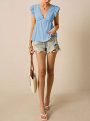 Ruffle Cap Sleeve Lace Eyelet Casual Blouse