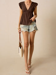 Ruffle Cap Sleeve Lace Eyelet Casual Blouse