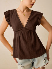 Ruffle Cap Sleeve Lace Eyelet Casual Blouse