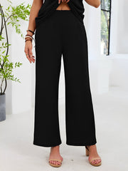 2 Pieces Solid Color Round Neck Top & Wide Legs Long Trousers Pants Casual Matching Set