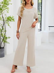 2 Pieces Solid Color Round Neck Top & Wide Legs Long Trousers Pants Casual Matching Set