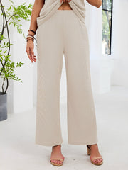 2 Pieces Solid Color Round Neck Top & Wide Legs Long Trousers Pants Casual Matching Set