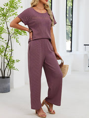 2 Pieces Solid Color Round Neck Top & Wide Legs Long Trousers Pants Casual Matching Set
