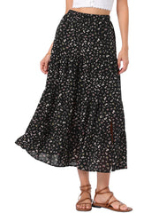 Floral Elastic Waisted Slit A-Line Tiered Long Skirts