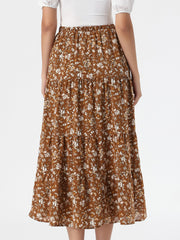 Floral Elastic Waisted Slit A-Line Tiered Long Skirts