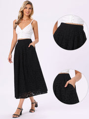 Cotton Eyelet Boho High Waisted A-Line Flowy Midi Skirts