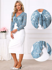 Floral Lace Shrug Tie Front Ruffled Hem Sheer Crop Bolero