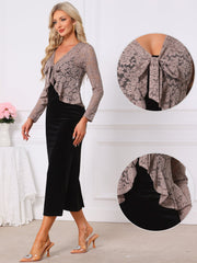 Floral Lace Shrug Tie Front Ruffled Hem Sheer Crop Bolero