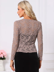 Floral Lace Shrug Tie Front Ruffled Hem Sheer Crop Bolero