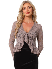 Floral Lace Shrug Tie Front Ruffled Hem Sheer Crop Bolero