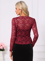 Floral Lace Shrug Tie Front Ruffled Hem Sheer Crop Bolero
